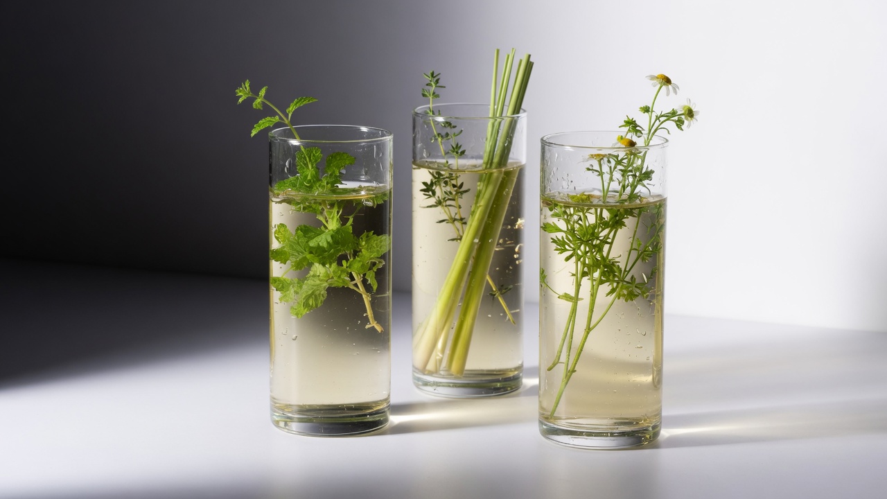 Glasses of herbal tea in studio light