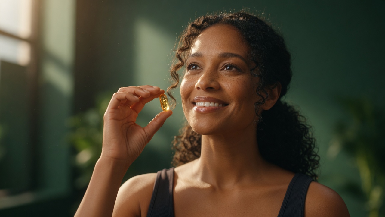 A person holding a capsule in warm studio light
